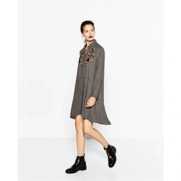 Zara Embroidered Swing Tunic Shirt Dress Size Large Grey Flannel Fall Shacket - Picture 11 of 15